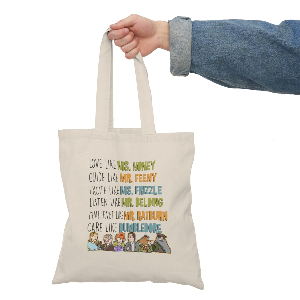 Love Guide Excite Listen Challenge Care like teachers canvas tote bag