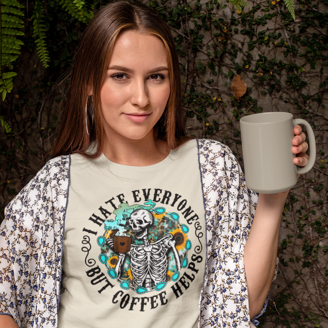 I Hate Everyone But Coffee Helps Retro Woman Skeleton Coffee T-shirt