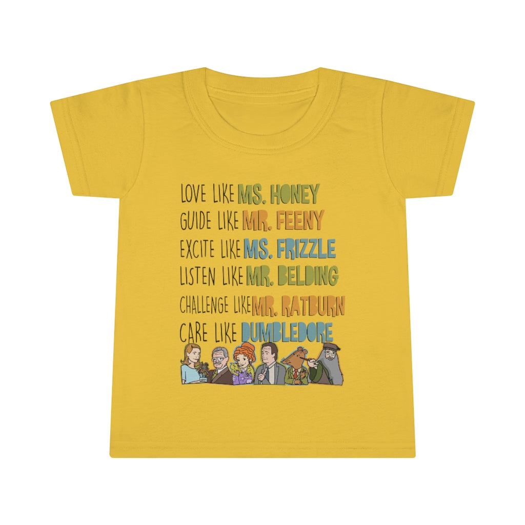 Love Guide Excite Listen Challenge Care like teachers Toddler tee