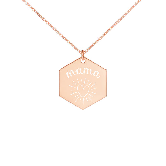 Mama Heart Engraved Silver Hexagon Necklace