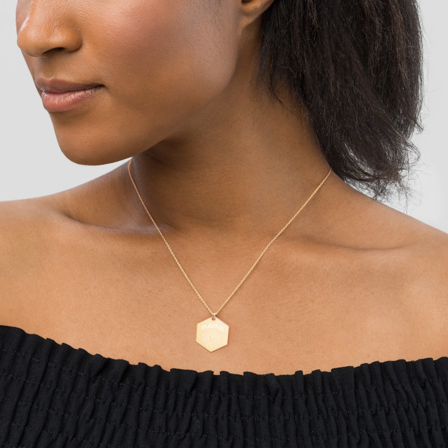 Mama Heart Engraved Silver Hexagon Necklace