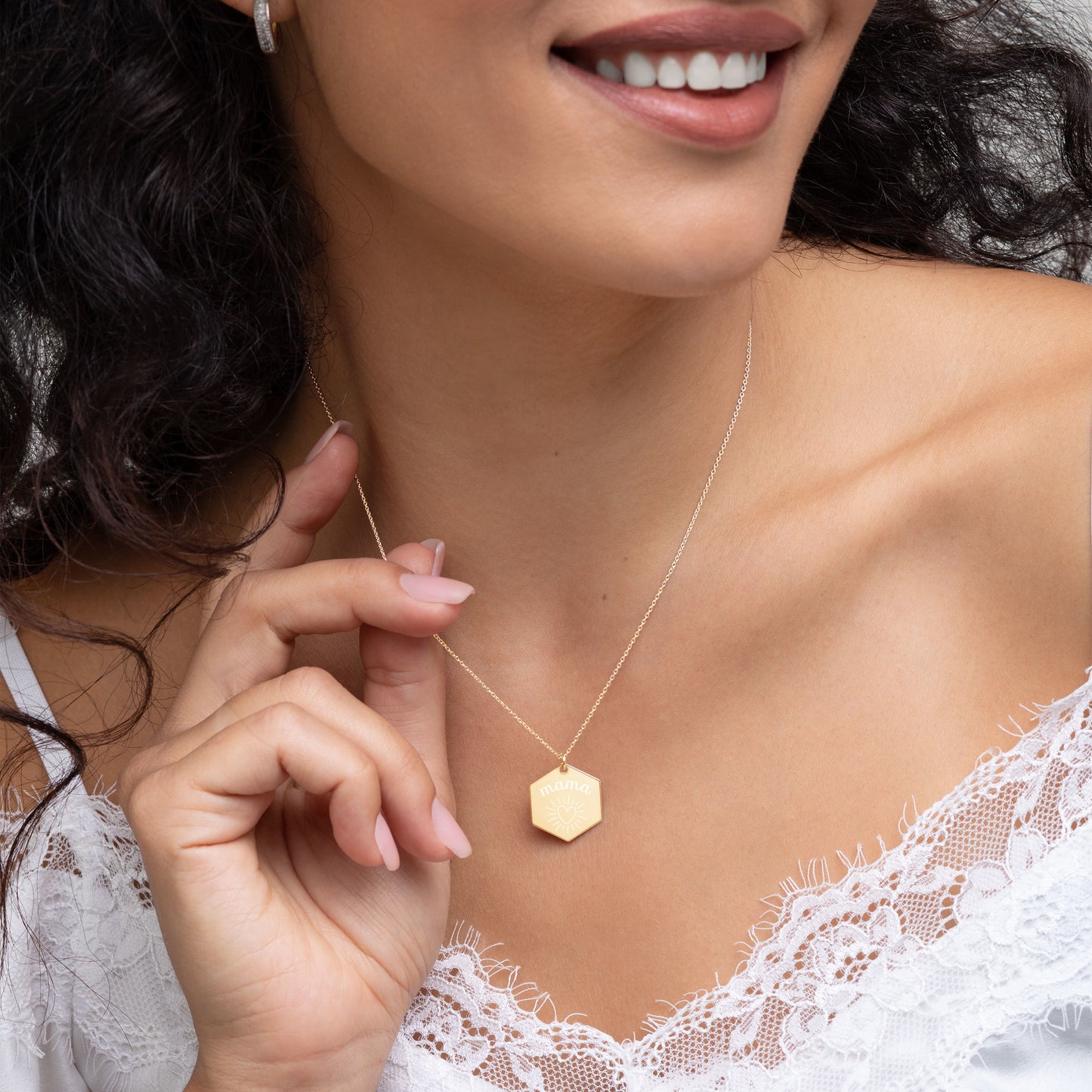 Mama Heart Engraved Silver Hexagon Necklace